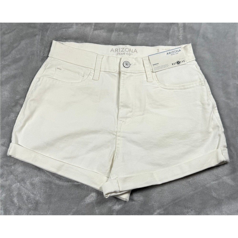 NWT Arizona Jean Co Junior Size‎ 3 White Hi-Rise Shortie Denim Shorts Repreve